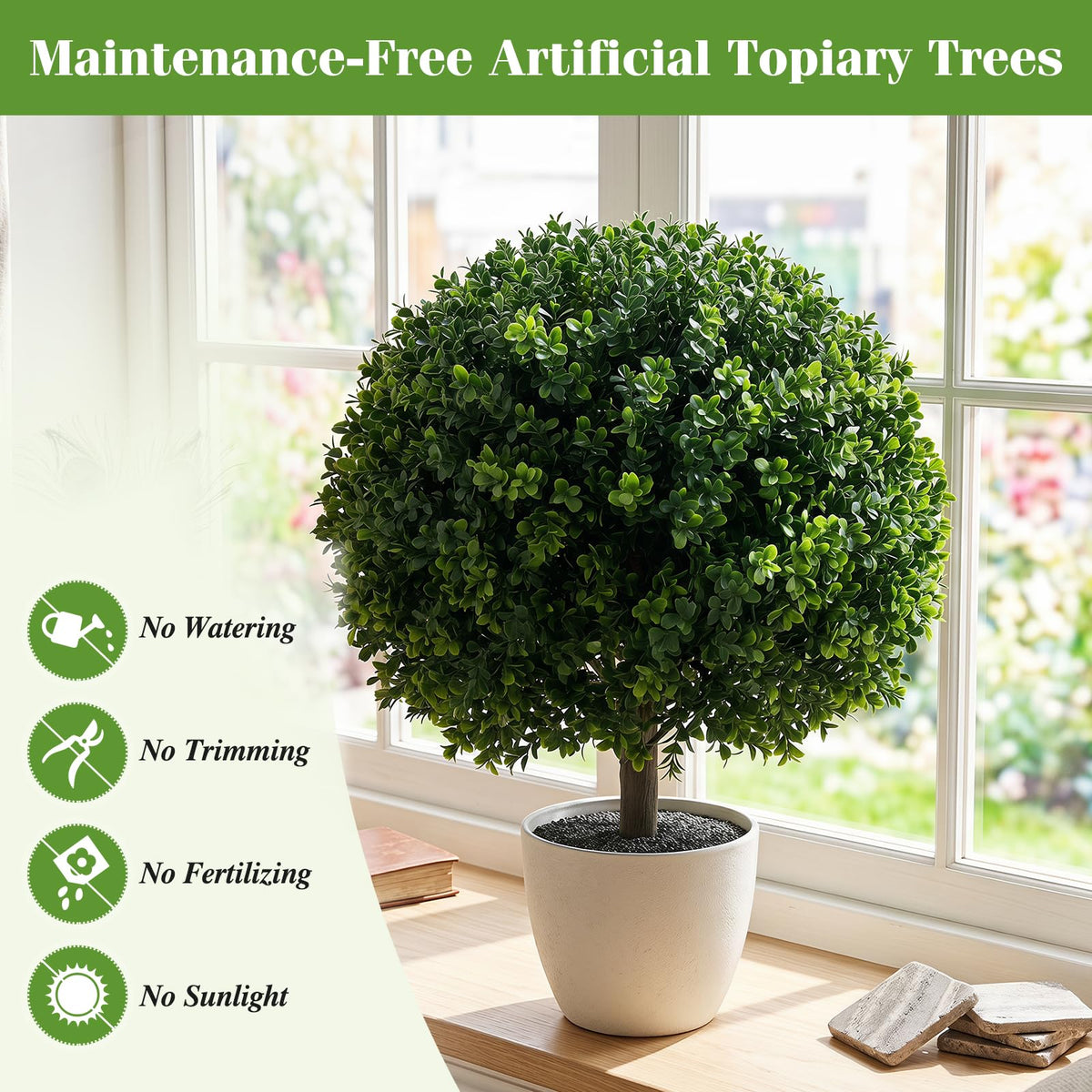 Lucktree 27" Artificial Boxwood Topiary Trees Set of 2 with Ground Spikes