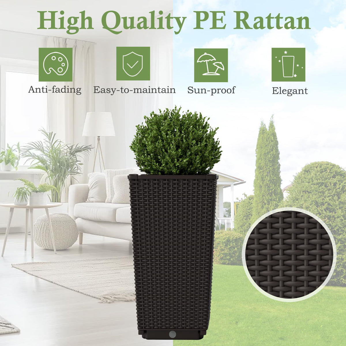 Lucktree Set of 2 Outdoor Wicker Flower Pot, 23 Inch Tall Planters with Drainage Hole, Self-Watering Tray
