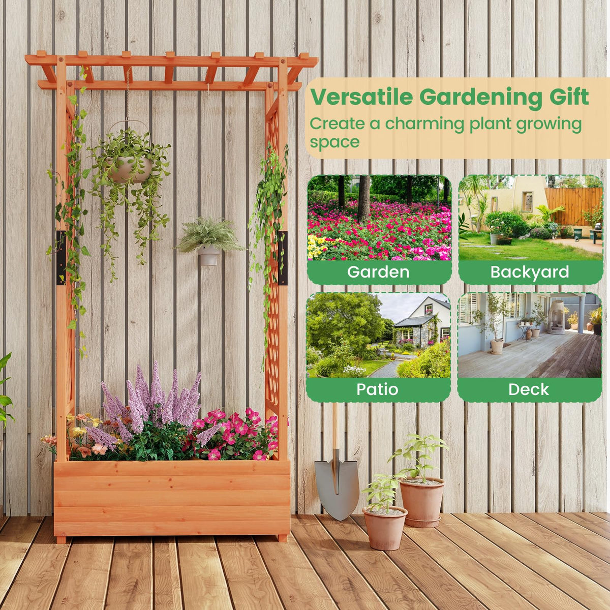 Lucktree Raised Garden Bed with 2-Sided Trellis & Hanging Roof