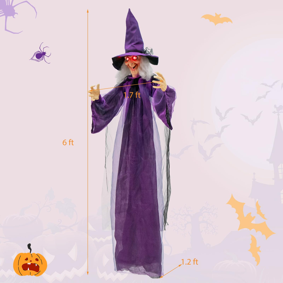 Lucktree 6FT Halloween Animatronic Witch, Hanging Halloween Decoration with Pre-Recorded Phrases