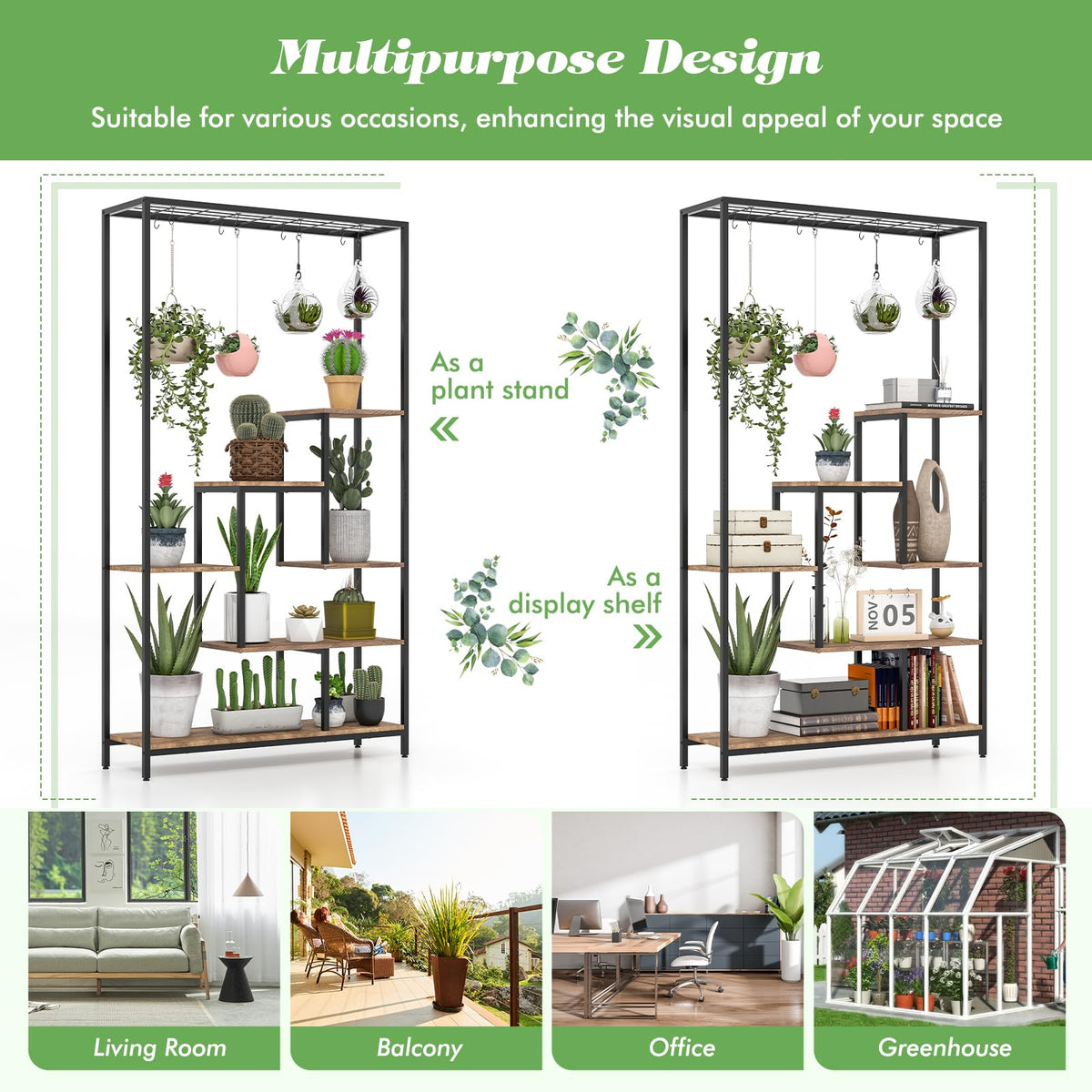 Lucktree 71" Tall Plant Stand Indoor, 6-Tier Metal Plant Shelf with 10 Hanging Hooks