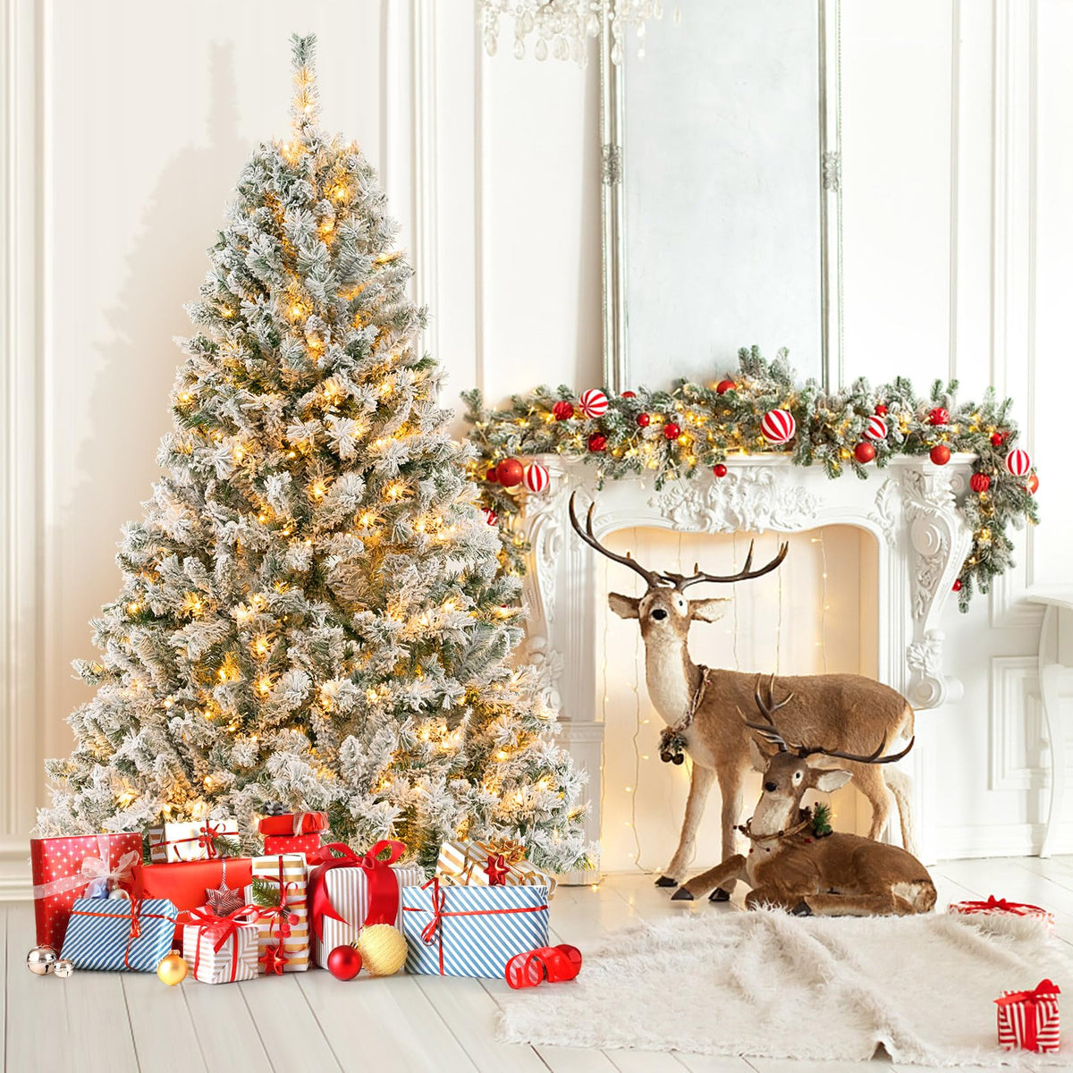 Lucktree 3-Minute-Setup Pre-Lit Snow Flocked Christmas Tree Artificial Hinged Xmas Tree