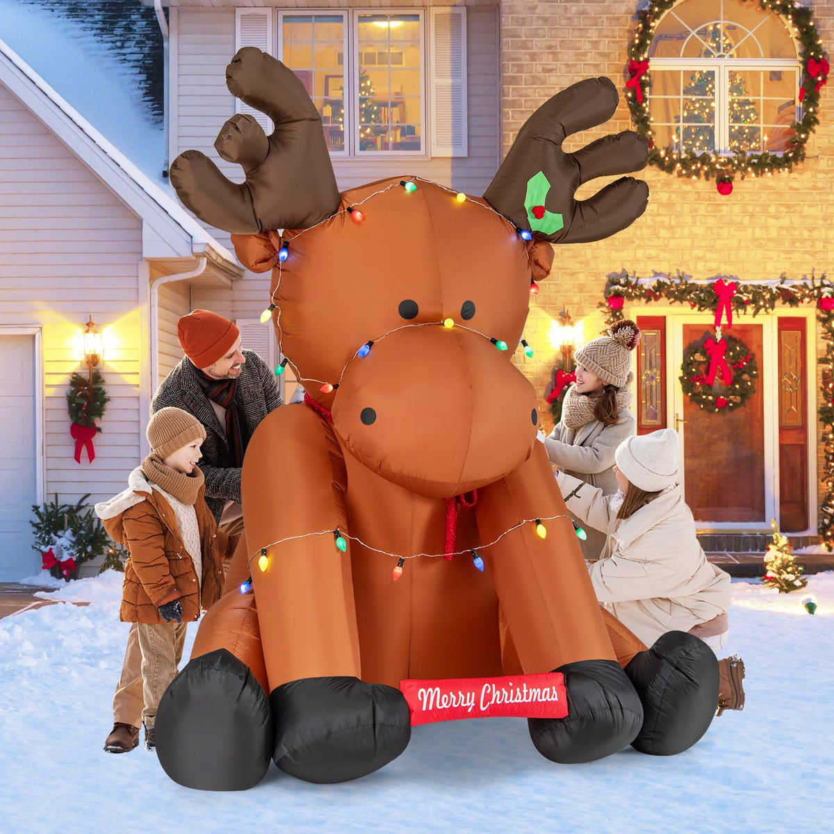 Lucktree 8.5 FT Tall Multi-Color Lighted Xmas Inflatable Reindeer Sitting on The Ground