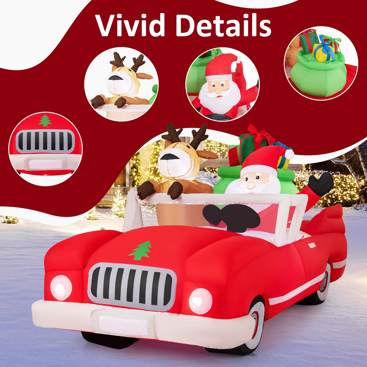 Lucktree 7.7 FT Long Lighted Xmas Inflatable Santa Claus & Reindeer Driving Red Car Gift Boxes