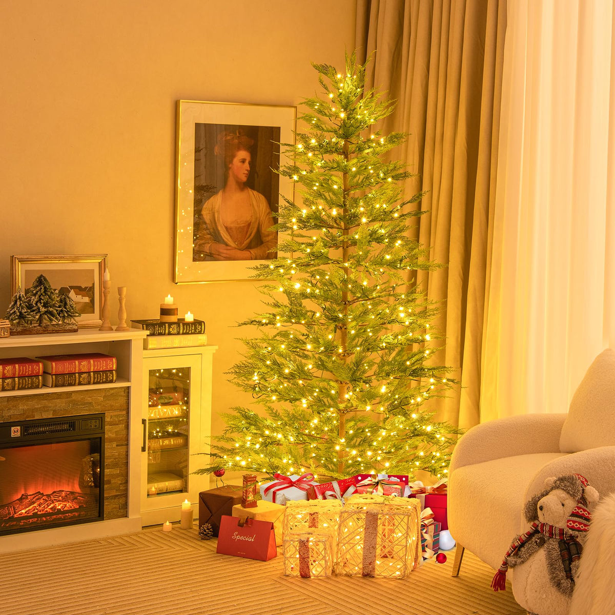 Lucktree 6.5ft / 7.5ft Simulated Artificial Cypress Xmas Tree with Warm-White Fairy LED Lights