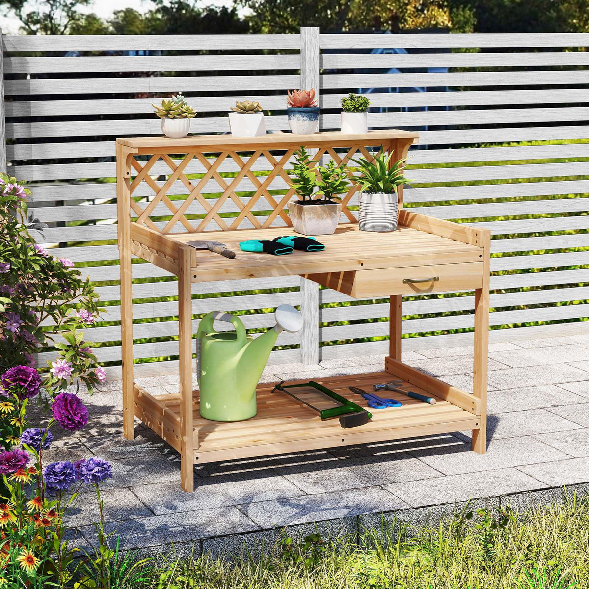 Lucktree Wood Potting Table with 3 Tier Shelves