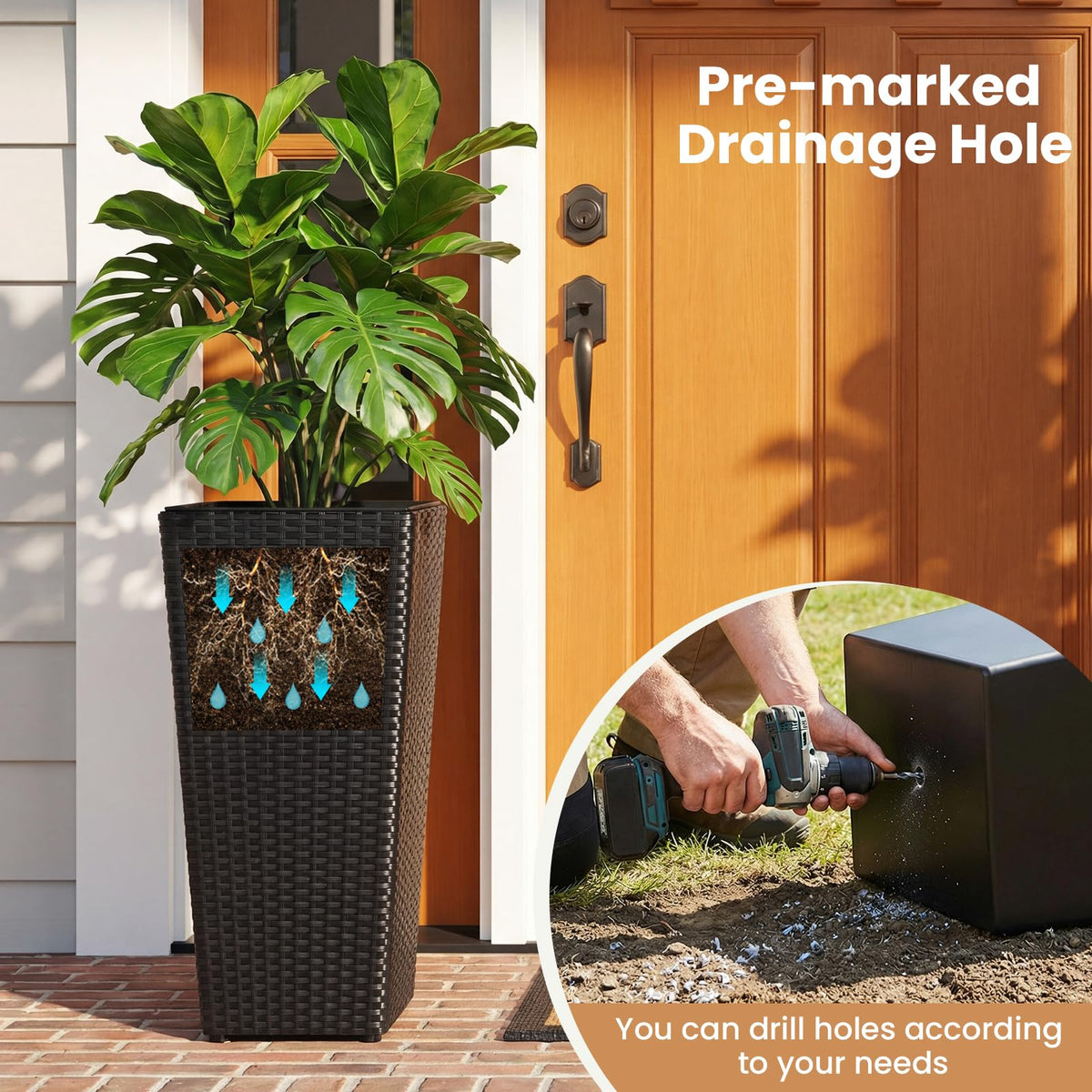 Lucktree Set of 2 Rattan Tall Plant Pots with Detachable Plastic Liners