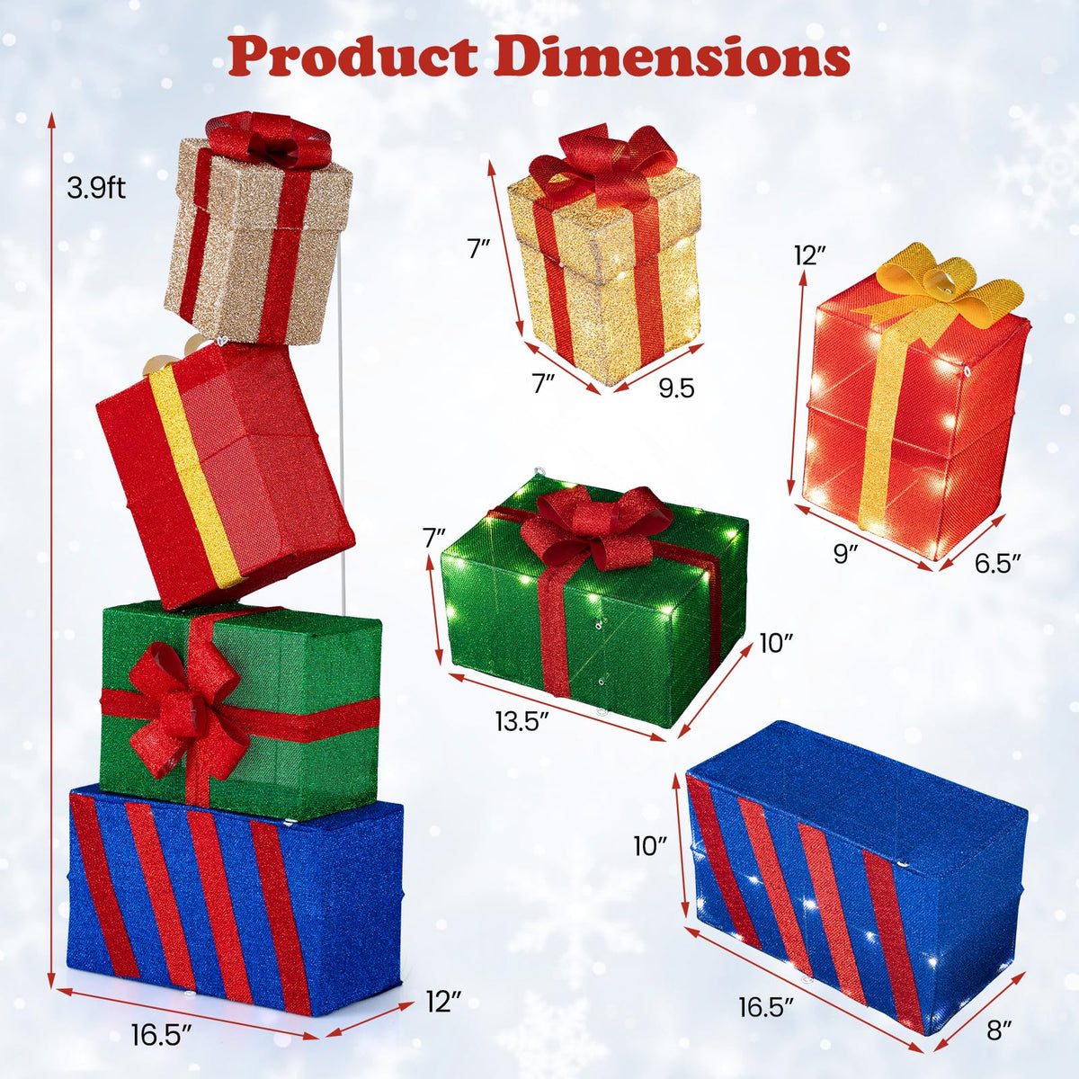 Lucktree Christmas Lighted Gift Boxes Set of 4 | Light Up Present Boxes with Colorful Bows