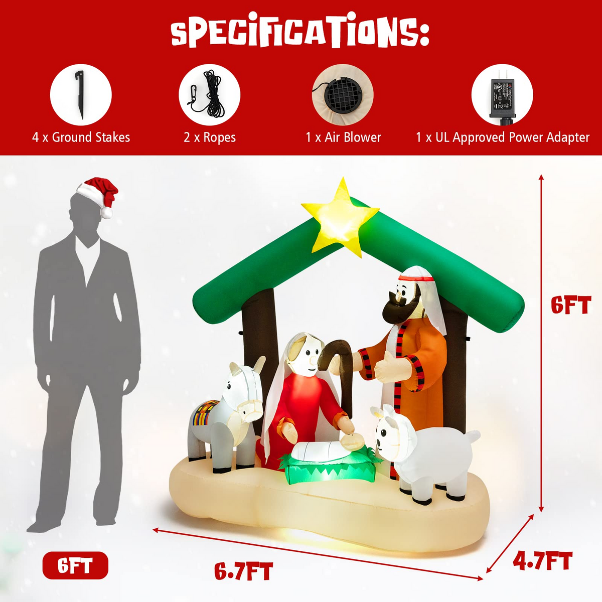 Lucktree 6.7 FT Christmas Inflatable Nativity Scene with LED Lights & Built-in Air Blower