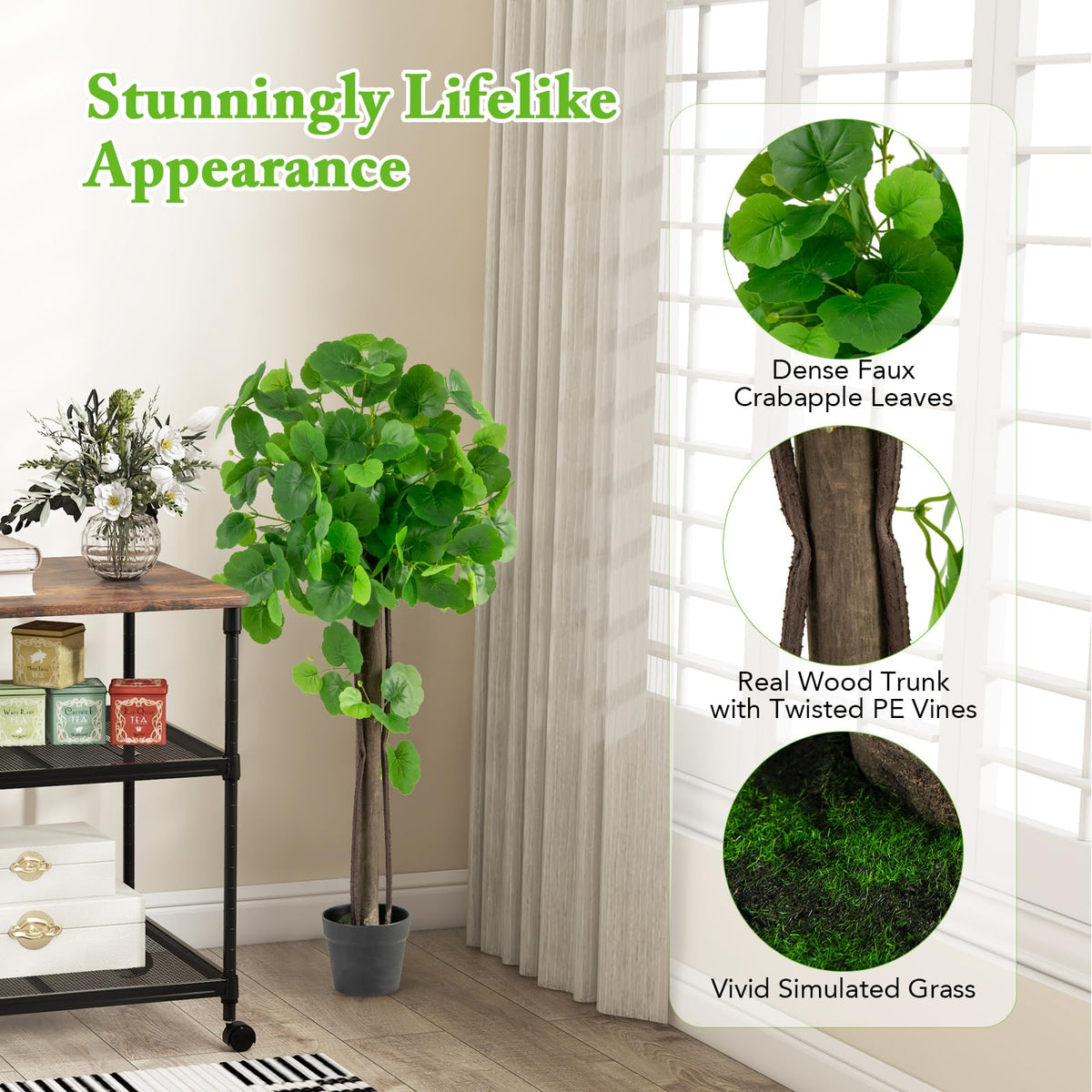 Lucktree 44’’ Artificial Crabapple Tree, Tall Fake Plant in Pot with Real Wood Trunk