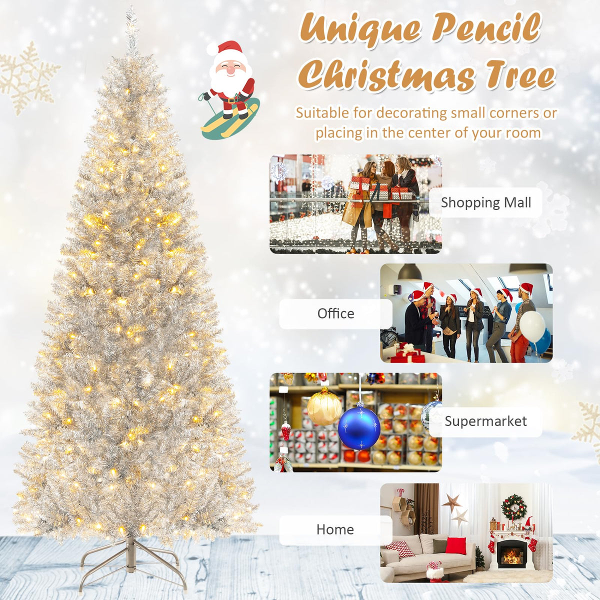 Lucktree 6ft Pre-lit Silver Pencil Christmas Tree, Artificial Tinsel Electroplated Tree, Decor for Home