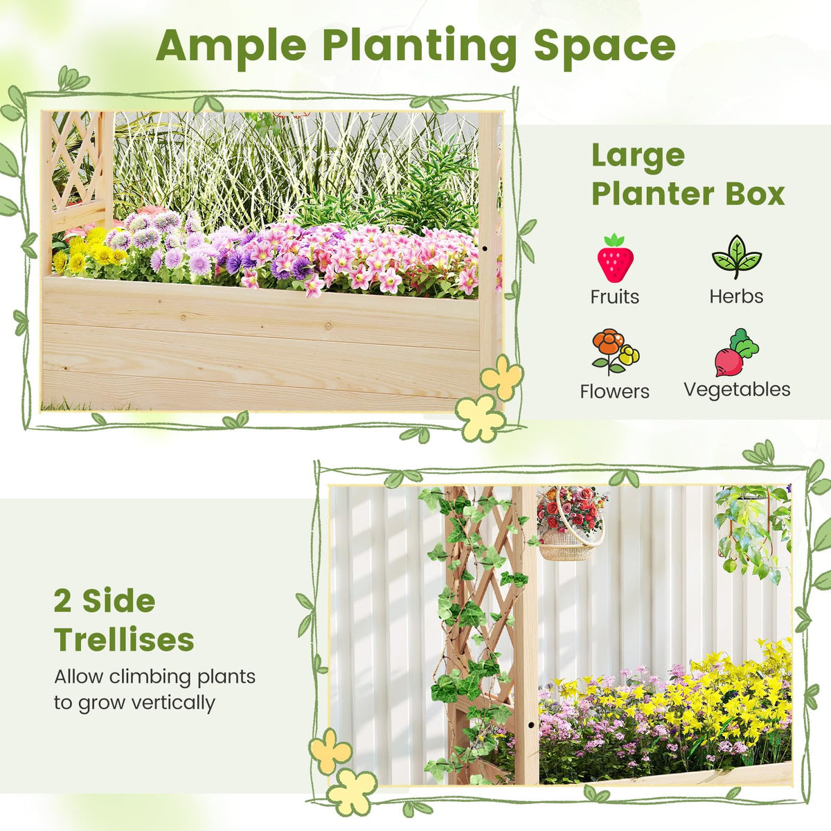 Lucktree Raised Garden Bed with Sided Trellis and Hanging Roof