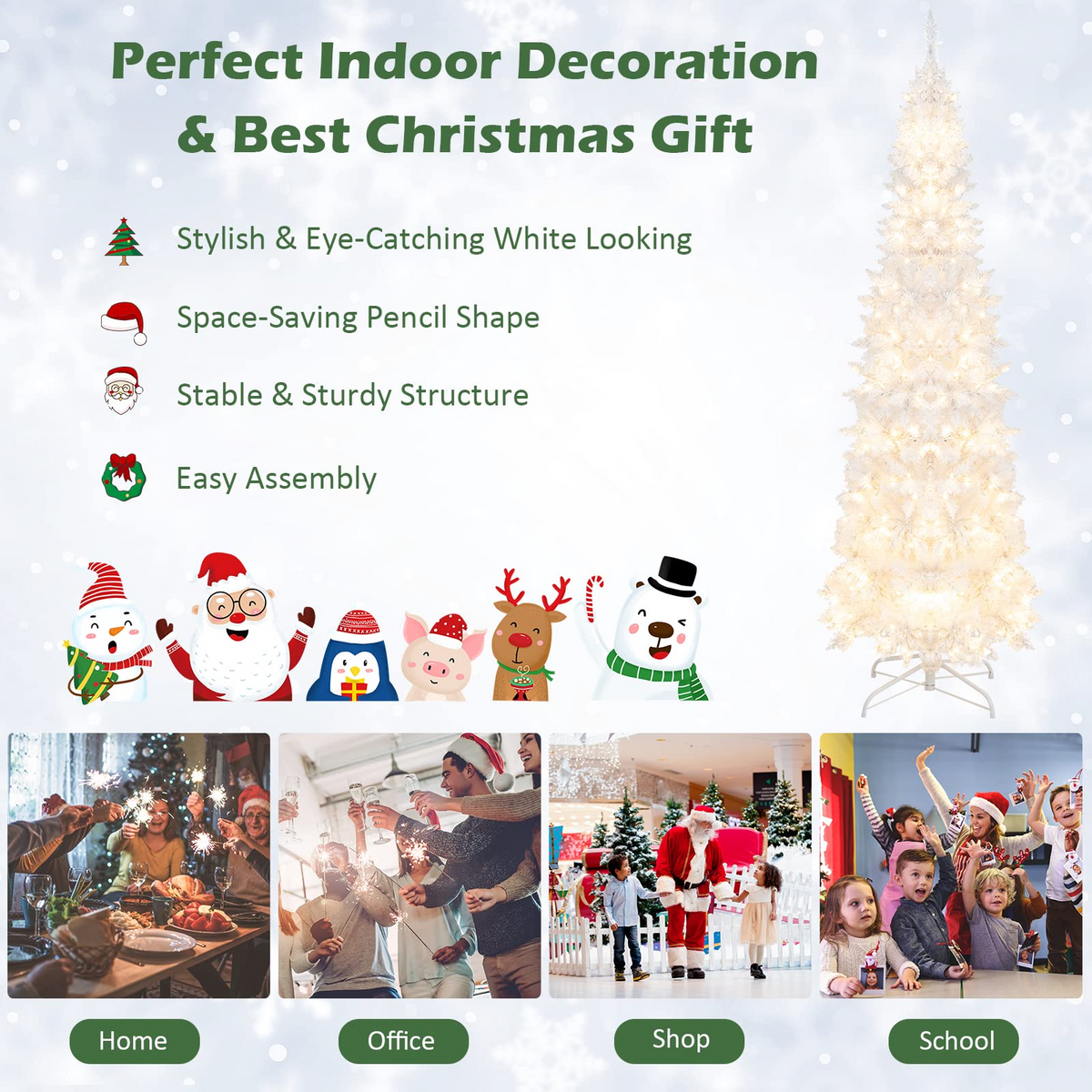 Lucktree 7ft White Pre-Lit Pencil Christmas Tree, Artificial Hinged Slim Tree with 800 Tips, 300 Warm White Lights - LucktreeUS