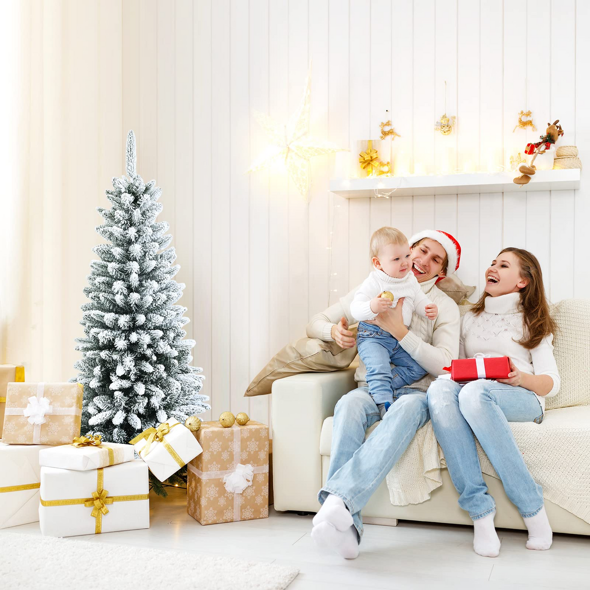 Lucktree Snow Flocked Pencil Christmas Tree, Hinged Artificial Slim Xmas Tree - LucktreeUS