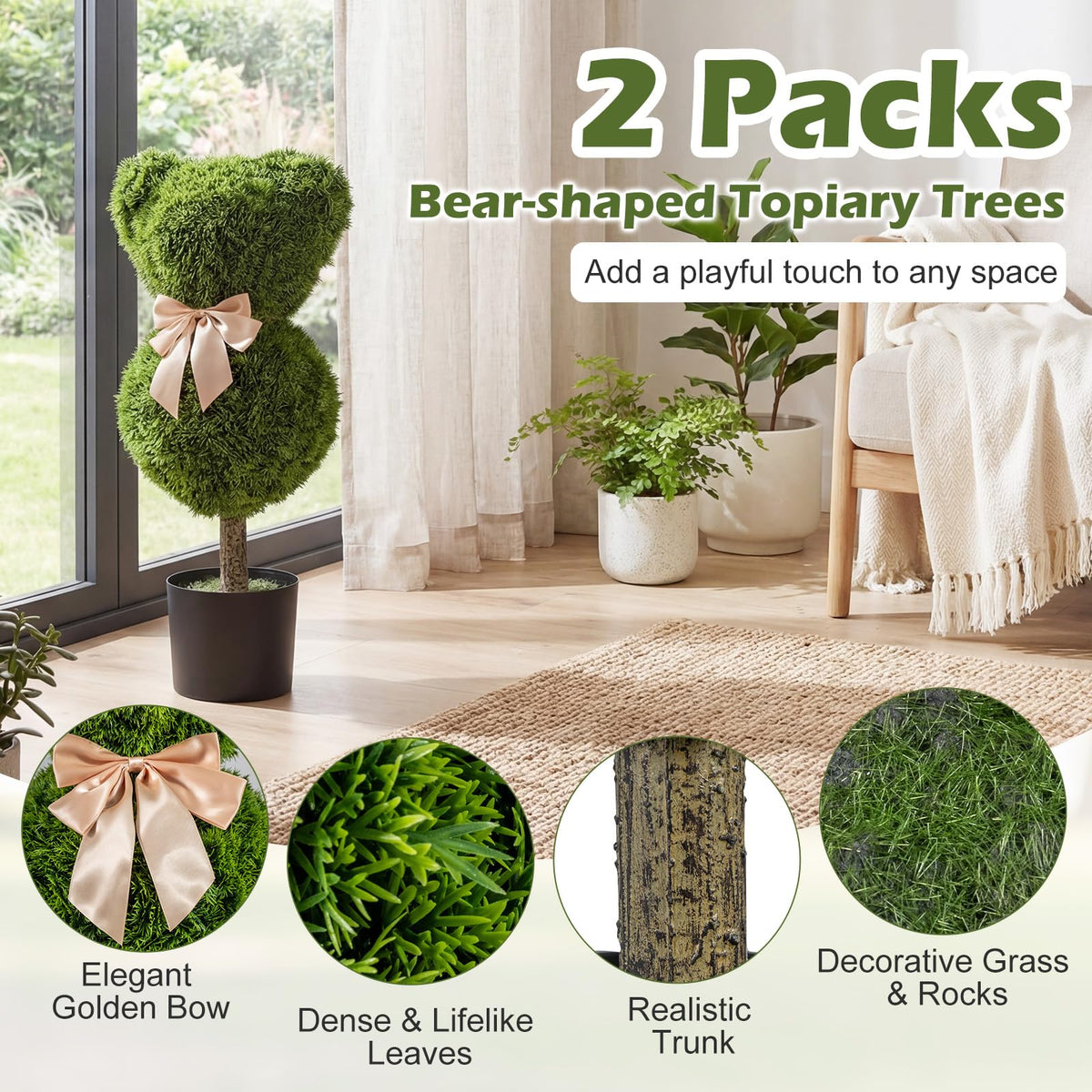 Lucktree 2 Pcs Bear Topiary Trees with Pots 24.5" Decorative Artificial Animal Shrubs