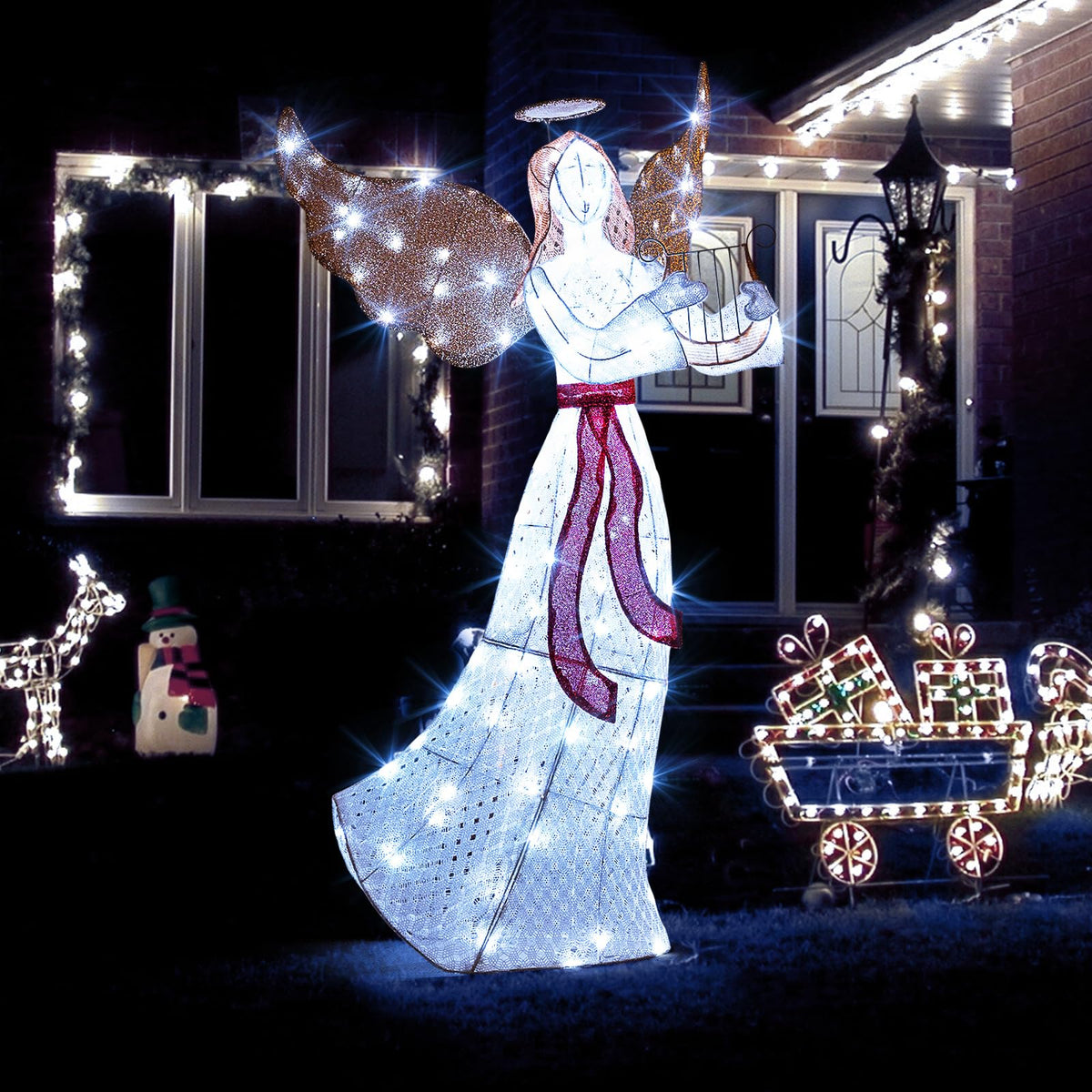 Lucktree 5 FT Christmas Lighted Angel, Pre-Lit Winged Holiday Figure Angel with 120 Cold White LED Lights
