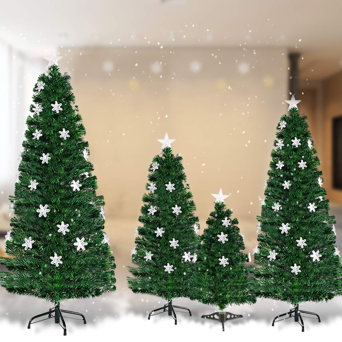 Lucktree 4ft Pre-Lit Fiber Optic Christmas Tree Artificial Xmas Full Tree with Colorful Snowflake LED Lights