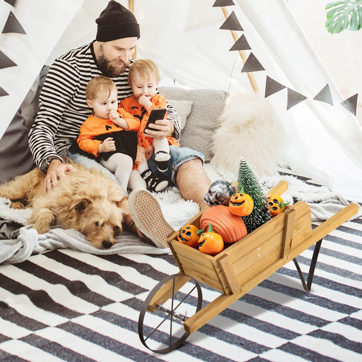 Lucktree Wooden Wagon Planter, Small Wheelbarrow Wagon Flower, Indoor & Outdoor Raised Bed