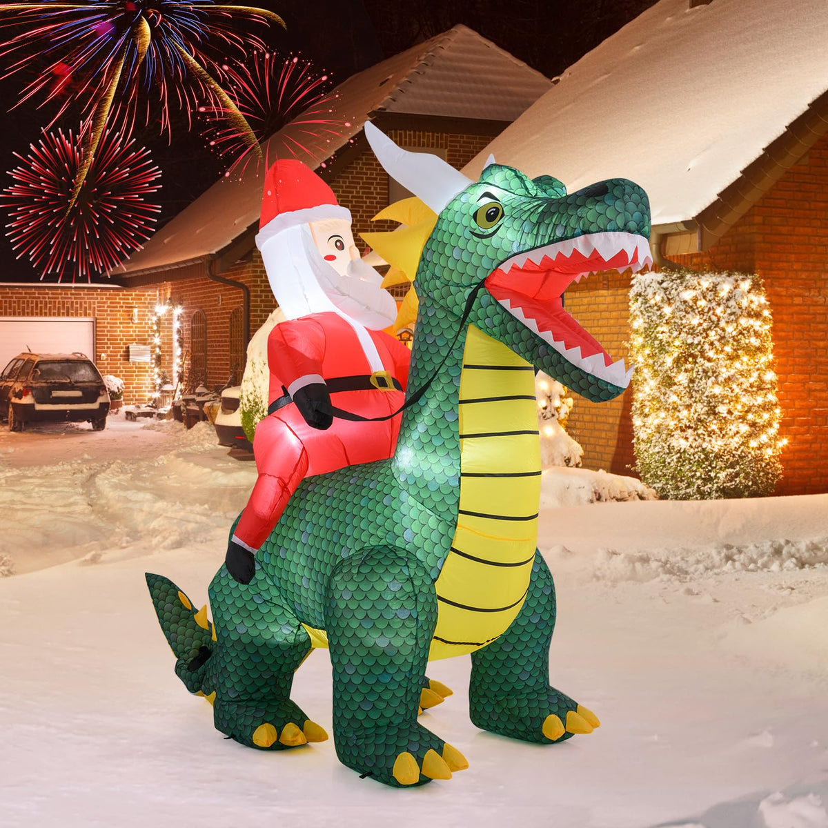 Lucktree 6.7 FT Inflatable Christmas Santa Claus Riding Dinosaur Decoration with Lights Stakes