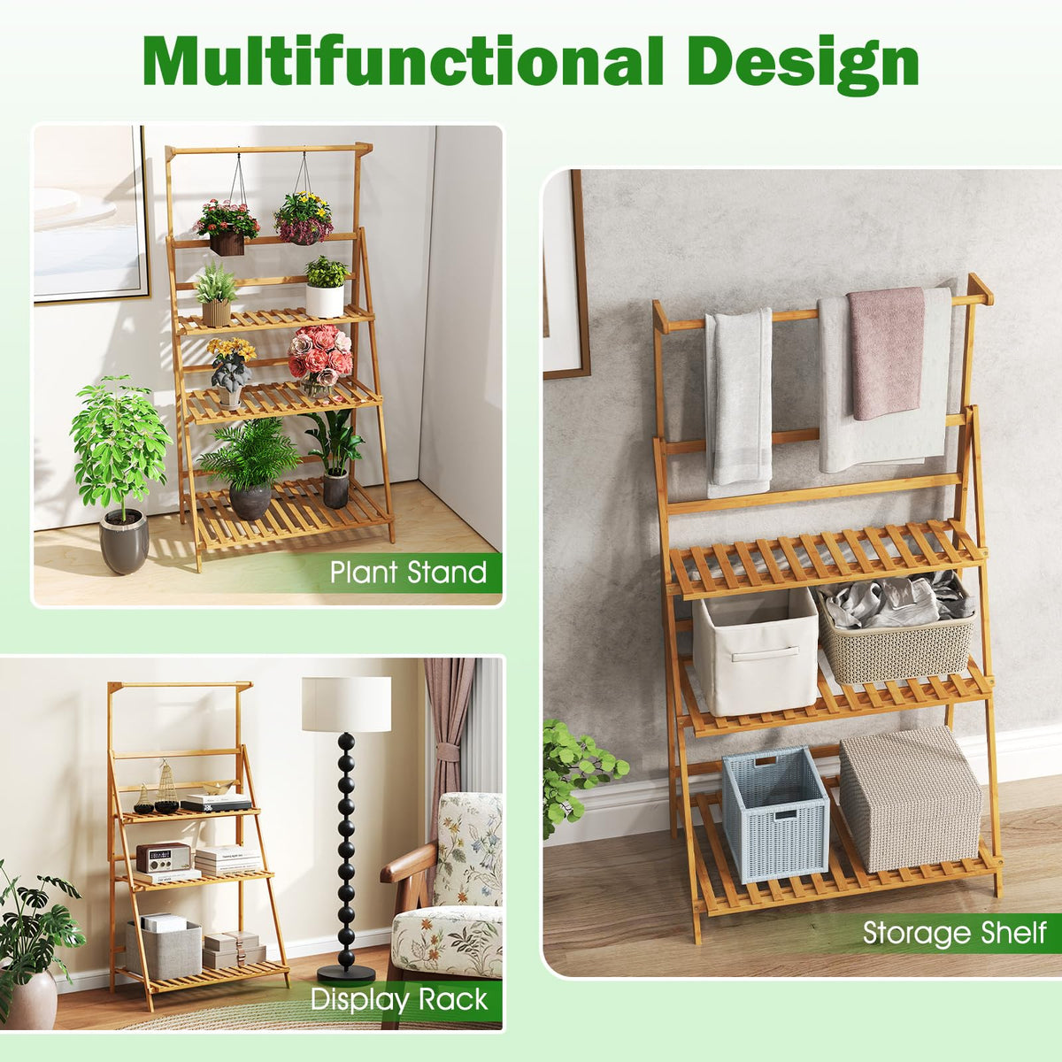 Lucktree Plant Stand Indoor Outdoor - Bamboo 3-Tier Hanging Tall Ladder Flower Pot Display Organizer Rack