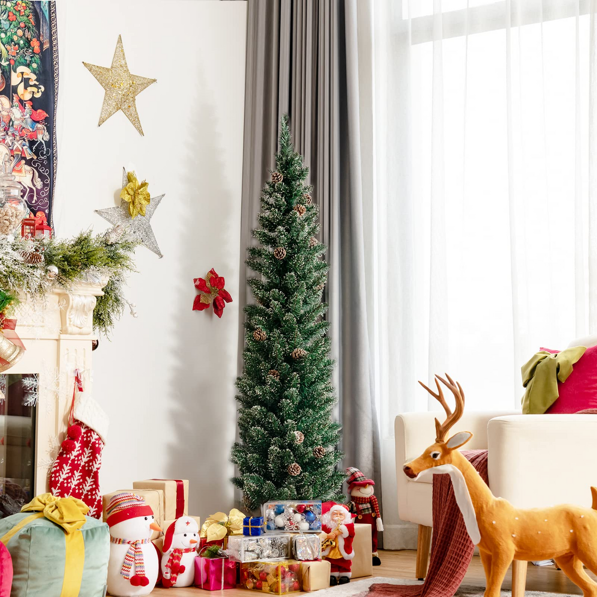 Lucktree Artificial Pencil Christmas Tree, Snow Flocked Slim Xmas Tree - LucktreeUS