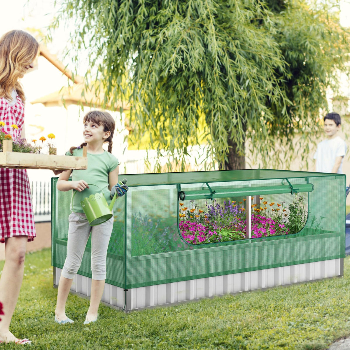 Lucktree 69”x36”x28” Raised Garden Bed with Cover, 16.5 Cu.Ft Galvanized Steel Planter Box Kit