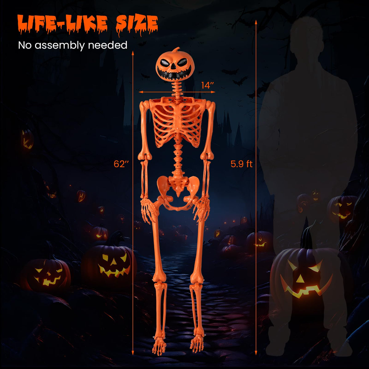 Lucktree 5.2 Ft Life-Size Posable Skeleton with Pumpkin Head Halloween Orange Skeleton Decoration