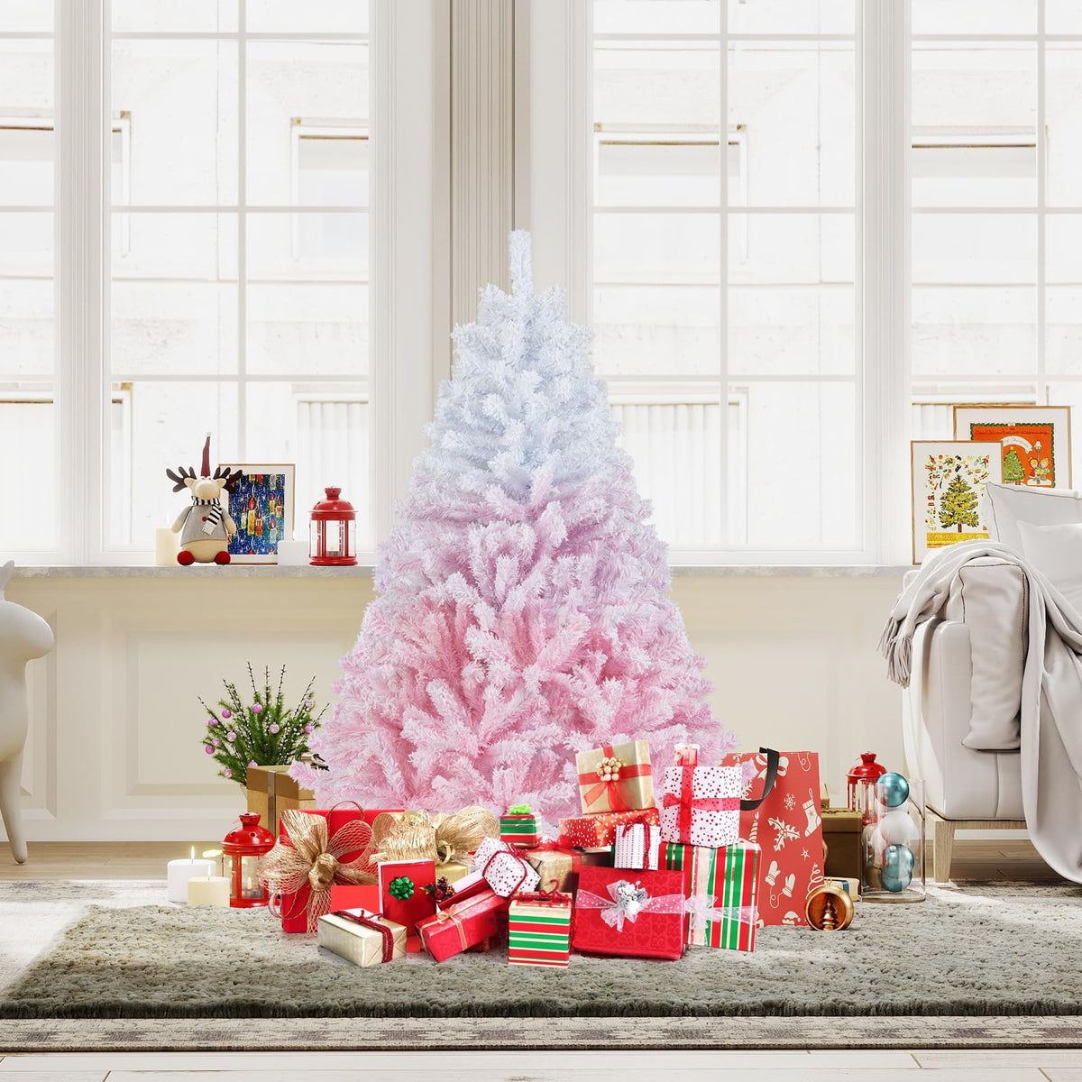 Lucktree Pink Gradient & White Snow Flocked Christmas Tree | Home Office Decoration