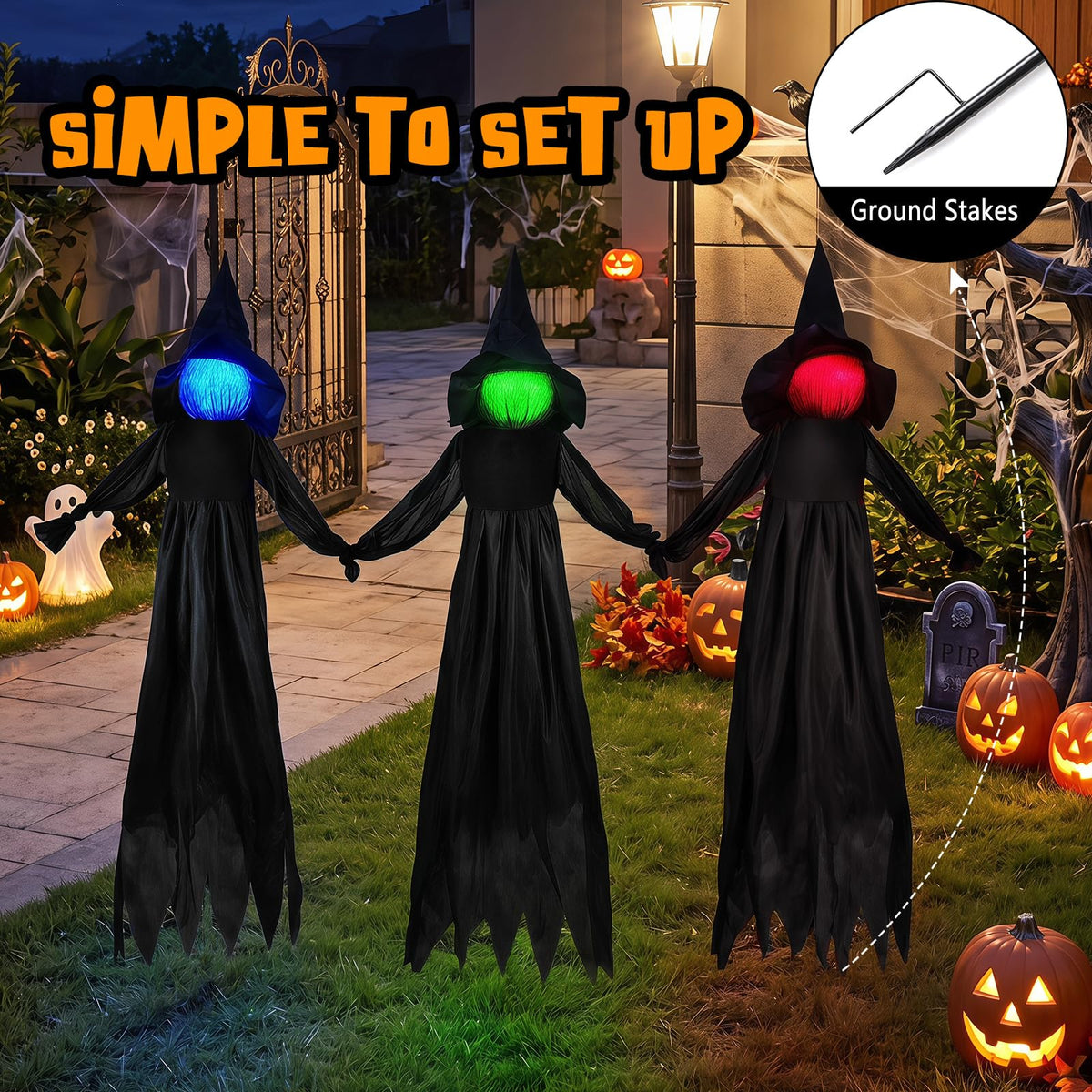 9.3 FT Outdoor Halloween Decoration Light Up Witch Stakes Set of 3