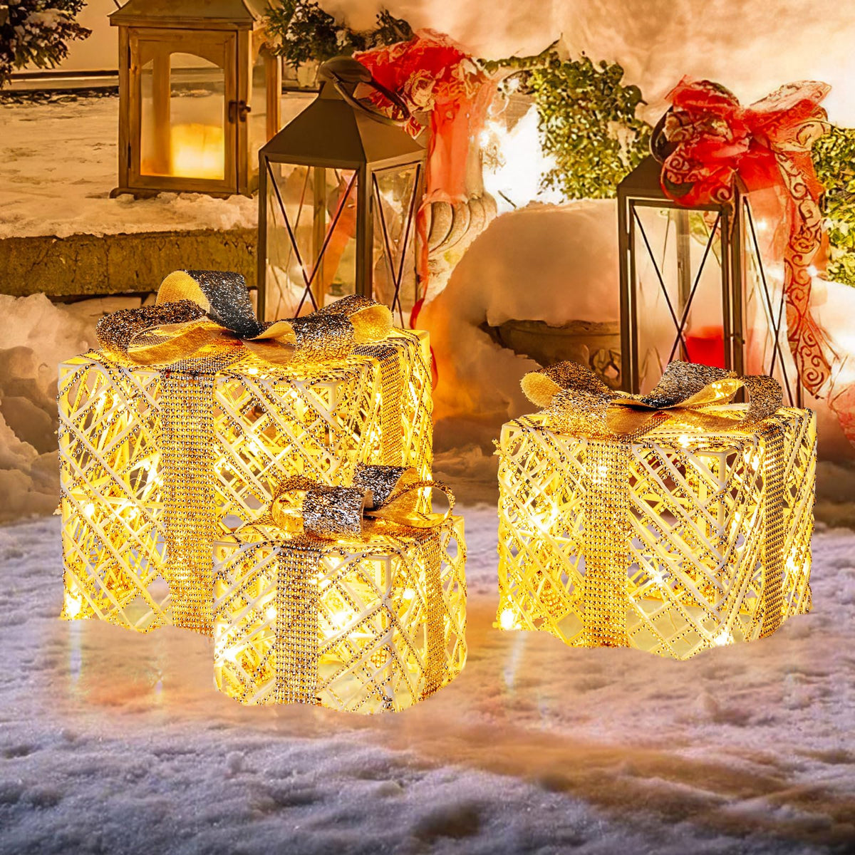 Lucktree Set of 3 Christmas Lighted Gift Boxes, 90 LED Light up Present Boxes with Bows