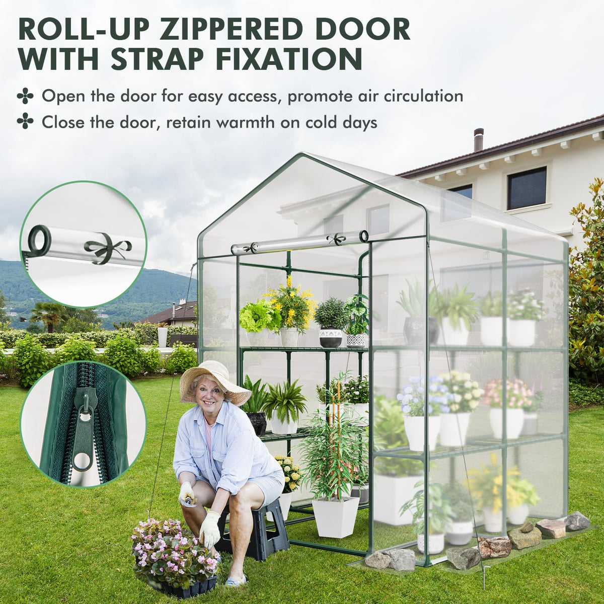 Lucktree Walk-in Greenhouse w/ 3 Tiers 4 Shelves, 4 Ground Stakes & Ropes, PVC Cover