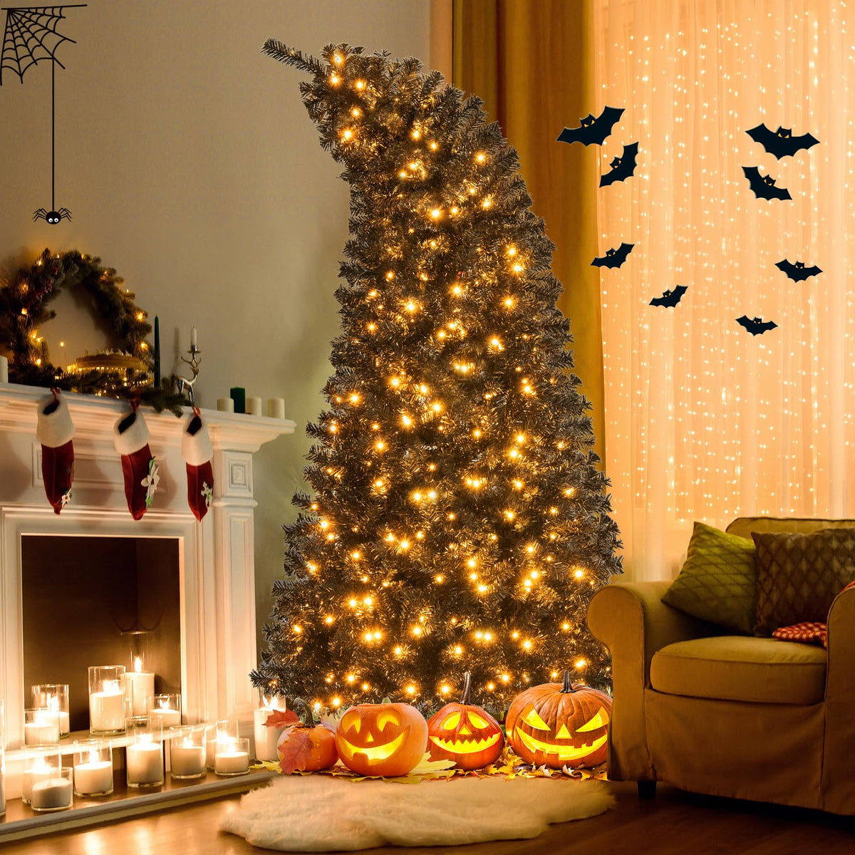 Lucktree 7 FT Artificial Halloween Tree, Pre-Lit Black Christmas Tree with Bendable Top Section