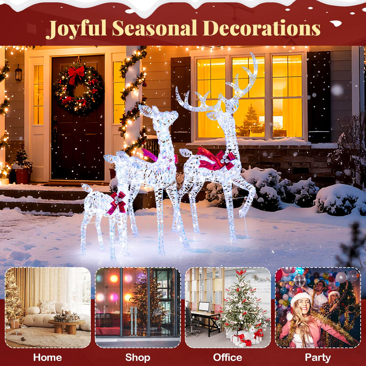Lucktree 3-Piece Christmas Lighted Iridescent Reindeer Family Set with 215 Cold White LED Lights and Ground Stakes