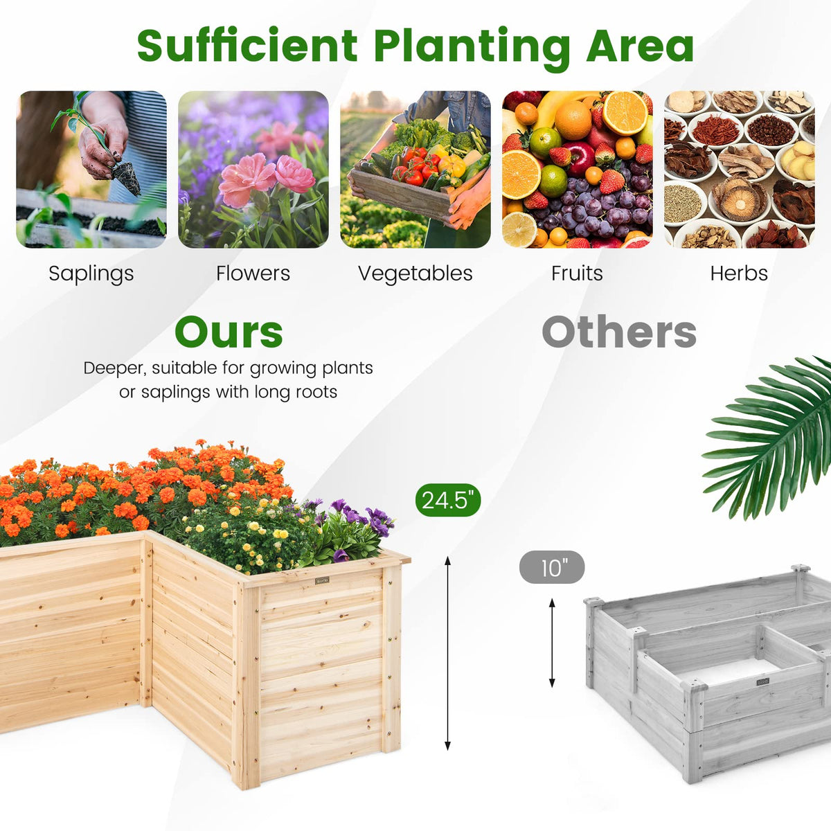 Lucktree Raised Garden Bed, 47.5" x 47.5" x 24.5" Wooden Planter Box, Outdoor L-Shaped Deep Garden Bed for Sapling Flower Herb Vegetable Fruit