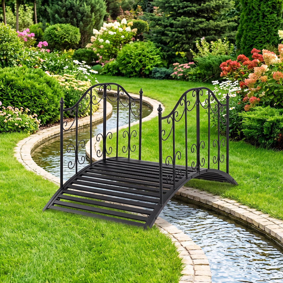 Lucktree 4 FT Metal Garden Bridge with Powder-Coated Finish & Scrollwork Rails