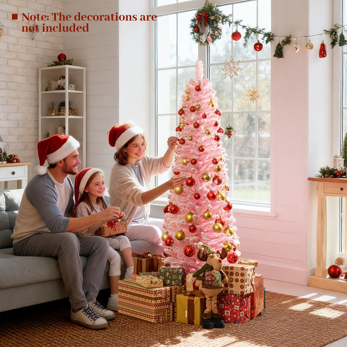 Lucktree 5ft / 6ft Pink Slim Pencil Christmas Tree | Snow Flocked Skinny Xmas Full Tree