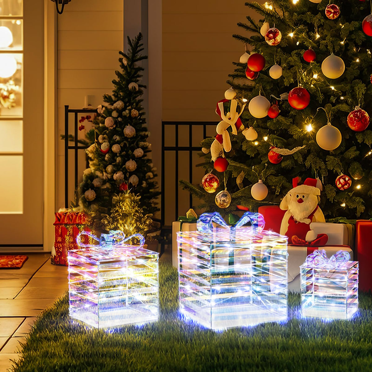 Lucktree 3 Pieces Christmas Lighted Gift Boxes, 90 LED Light up Present Boxes with Bows, Zip Ties & Ground Stakes