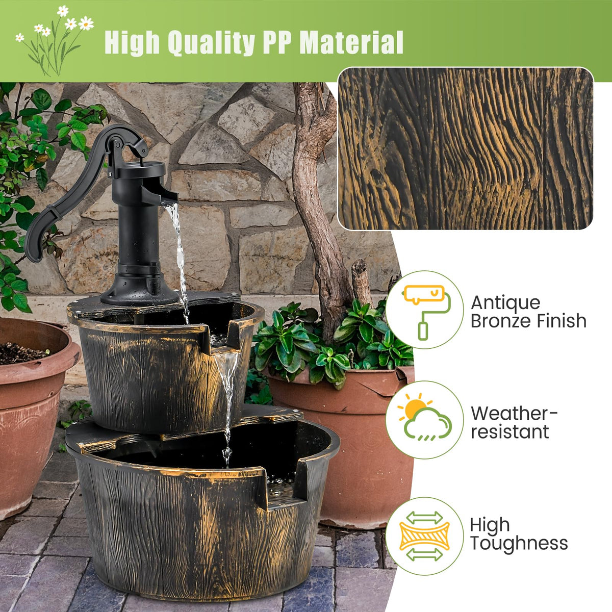 Lucktree 2-Tier Water Fountain Outdoor for Garden Patio Backyard, Plastic