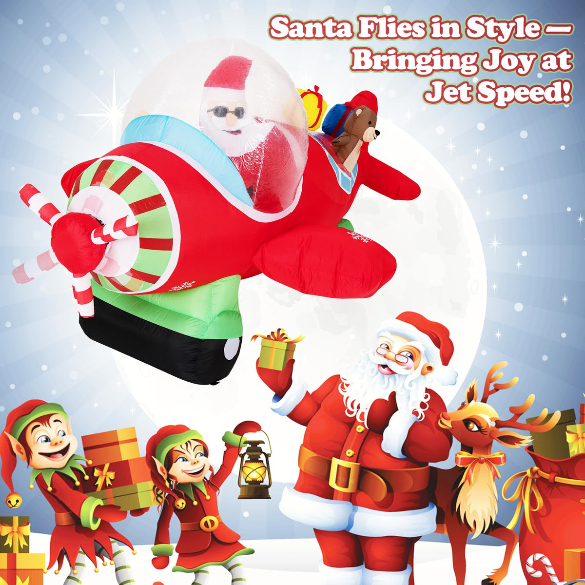 Lucktree 7.2 Ft Animated Inflatable Santa on Plane Pre-lit Blow up Yard Decoration