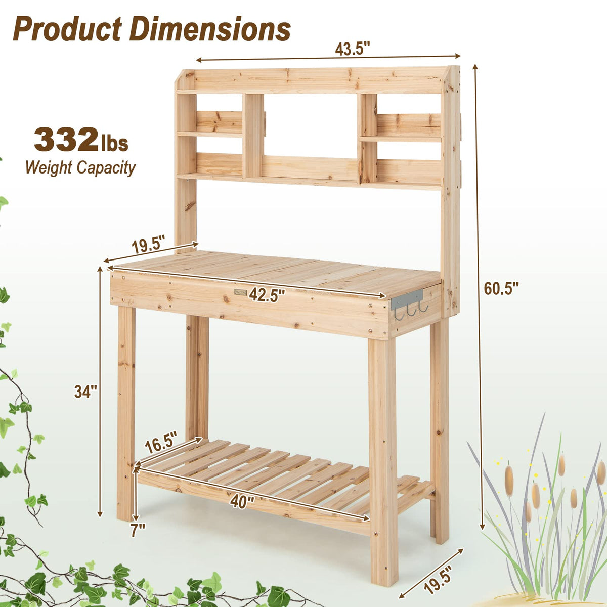 Lucktree Garden Potting Bench Table, Large Workbench Table with Shelves, 43.5"x19.5"x 60.5"