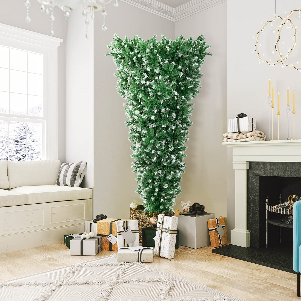 Lucktree 7.5ft Pre-lit Upside Down Christmas Tree, Hinged Inverted Artificial Xmas Tree W/ 1100 Snowy Branch Tips - LucktreeUS