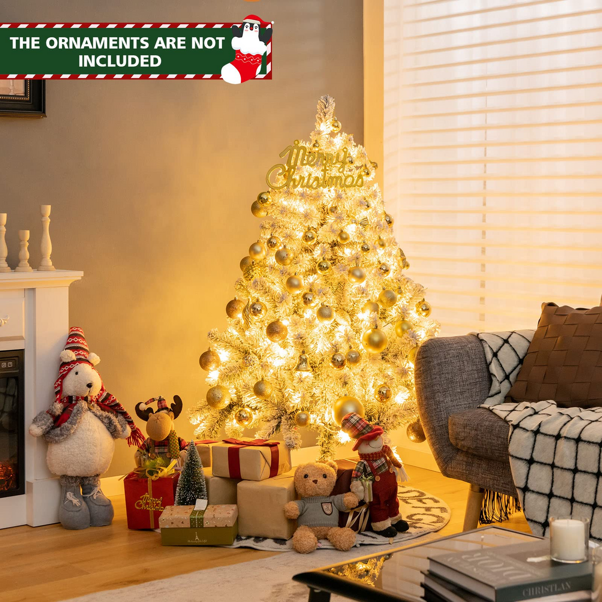 Lucktree 4.5 FT Pre-Lit Snow Flocked Christmas Tree, Artificial Hinged Xmas Tree W/ 150 LED Lights - LucktreeUS