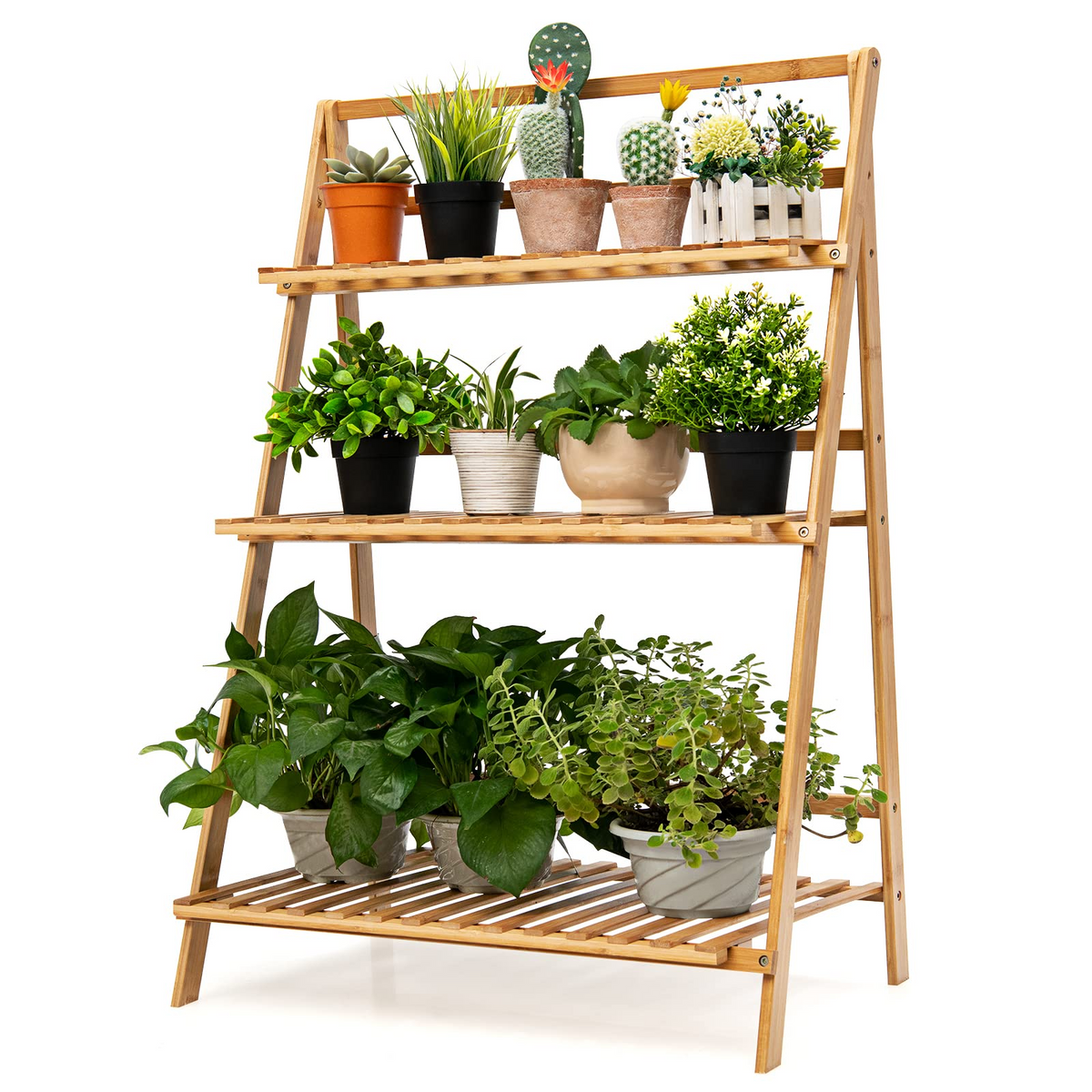 Lucktree 3 Tier Folding Storage Shelf, Bamboo Ladder Plant Stand