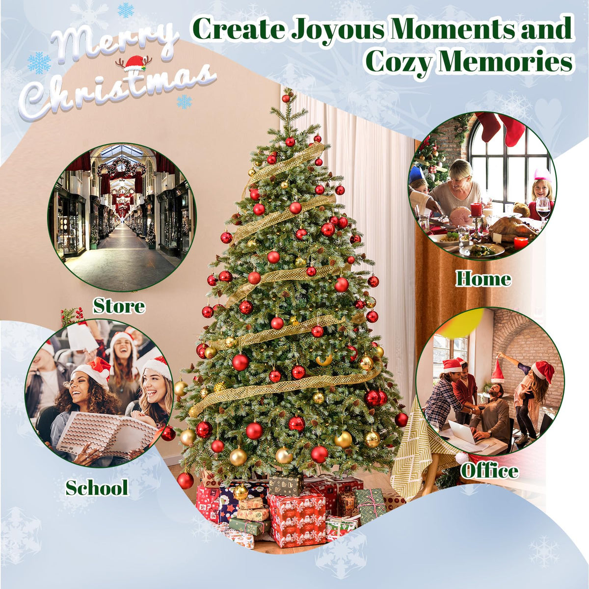 Lucktree 7ft Pre-Lit Artificial Christmas Tree, Hinged Full Xmas Pine Tree with 340 Warm White LED Lights