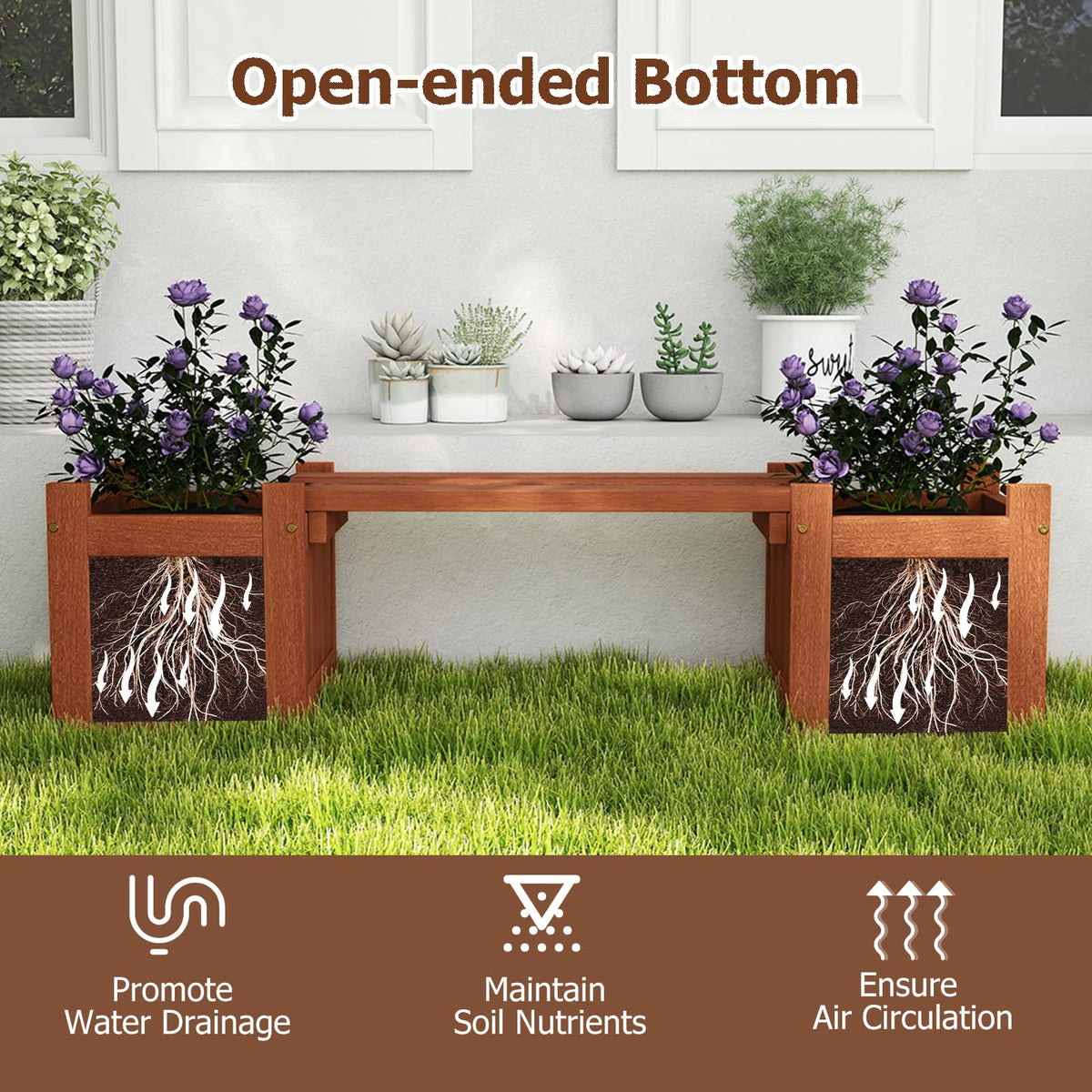 Lucktree 2-in-1 Outdoor Bench with 2/4 Planter Boxes Wood with Teak Oil Finish 42"x11"x11.5"