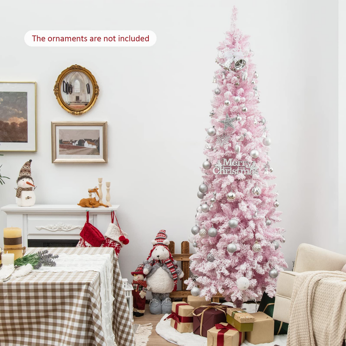 Lucktree 7ft Pre-Lit Pencil Christmas Tree, Snow Flocked Artificial Slim Tree with 800 Branch Tips - LucktreeUS