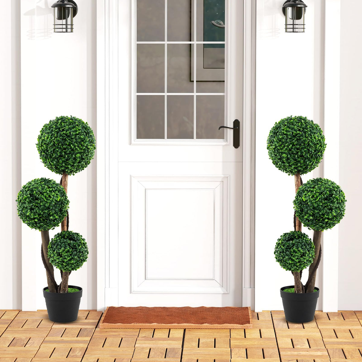 Lucktree 3ft Artificial Boxwood Topiary Ball Tree, Faux Potted Plants with Solid Wood Trunks