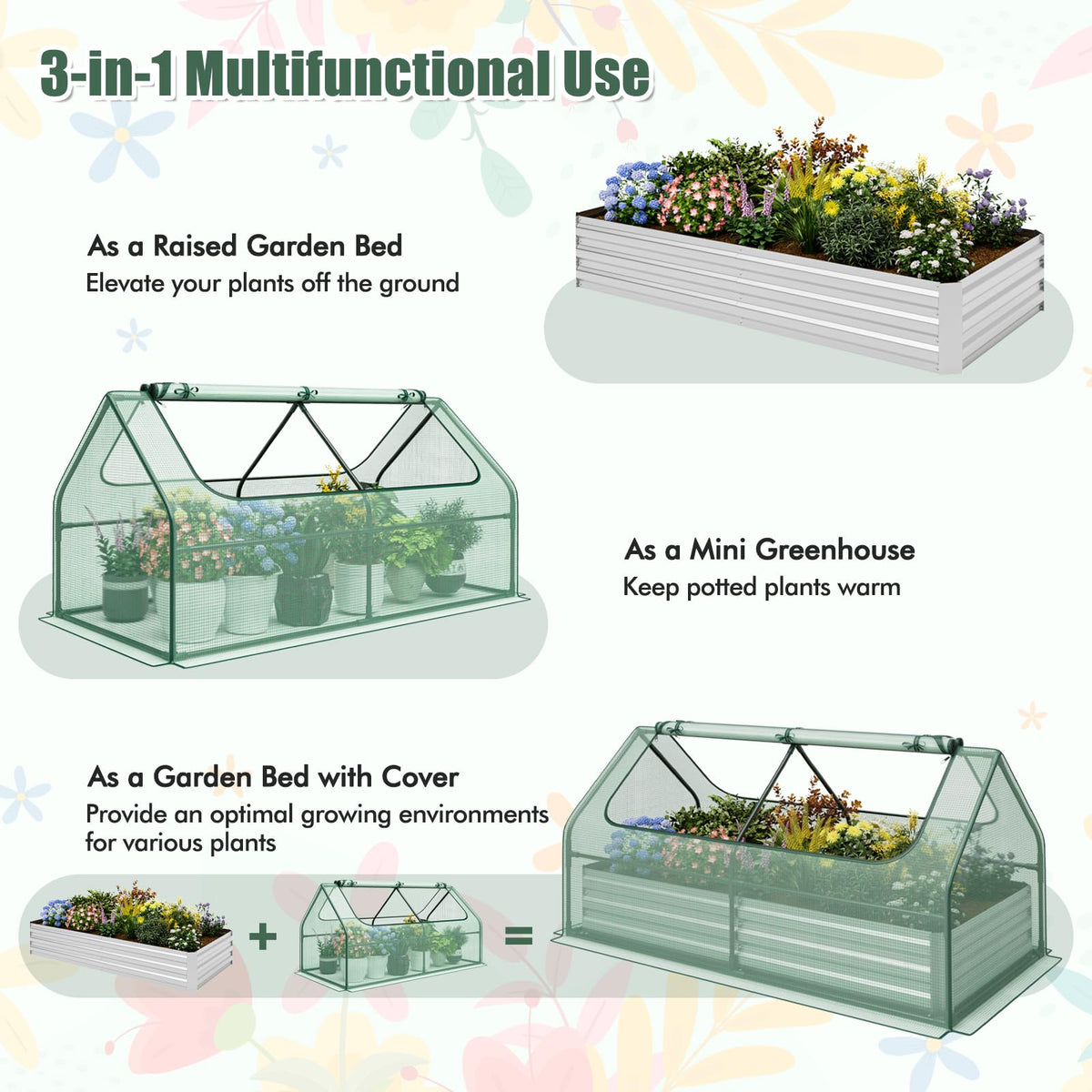 Lucktree Galvanized Steel Raised Garden Bed with Mini Greenhouse, Outdoor Metal Planter Box Kit with Large Roll-up Cover