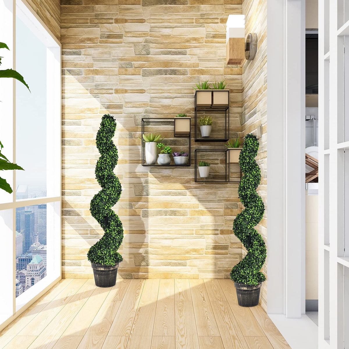 4FT Artificial Spiral Boxwood Topiary Tree Set of 2, Faux Decorative Plants in Cement-Filled Plastic Pot - LucktreeUS