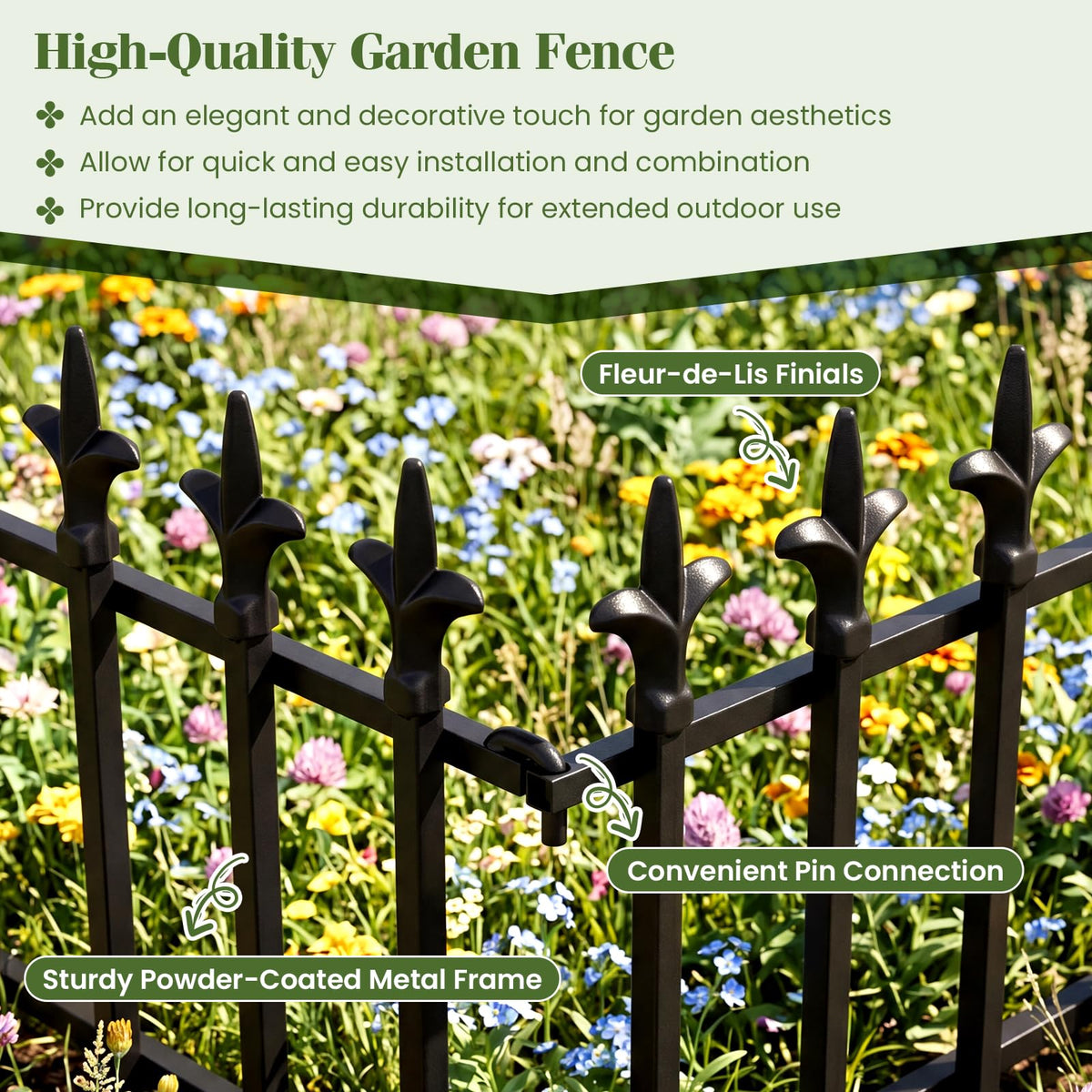 Lucktree No Dig Decorative Metal Garden Fence with Fleur-de-Lis Finials